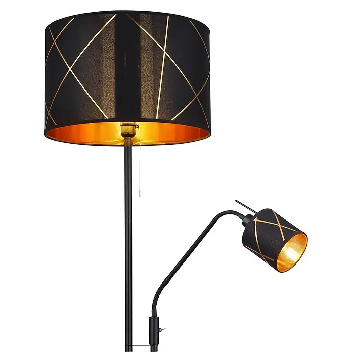 Globo Stehleuchte Tulivar - 40 W, Höhe: 1.750 mm, E14 - Schwarze Stehlampe mit Haupt- und verstellbarer Leselampe, goldenen Kreuzmustern auf schwarzen Schirmen und goldener Innenseite.