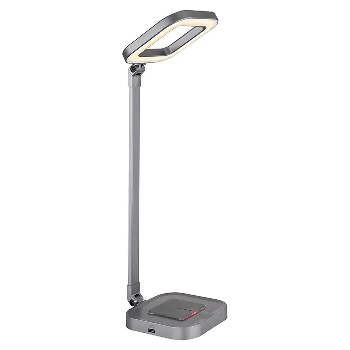 Globo LED-Tischleuchte Monaco - 8 W, L x B x H: 43 x 14,5 x 58 cm, Grau - Schlanke silber/graue LED-Schreibtischlampe mit charakteristischem Leuchtkopf, kabelloser Ladebasis und USB-Ausgang.