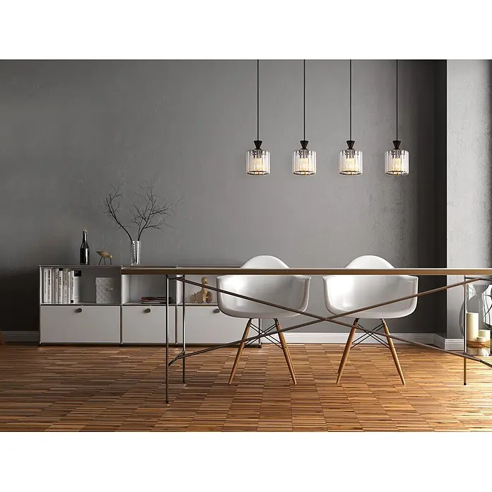Globo Pendelleuchte Jordana - Höhe: 1.200 mm, 60 W, E27 - Moderner Esstisch mit heller Platte und goldenem Metallrahmen, mit weißen Stühlen.