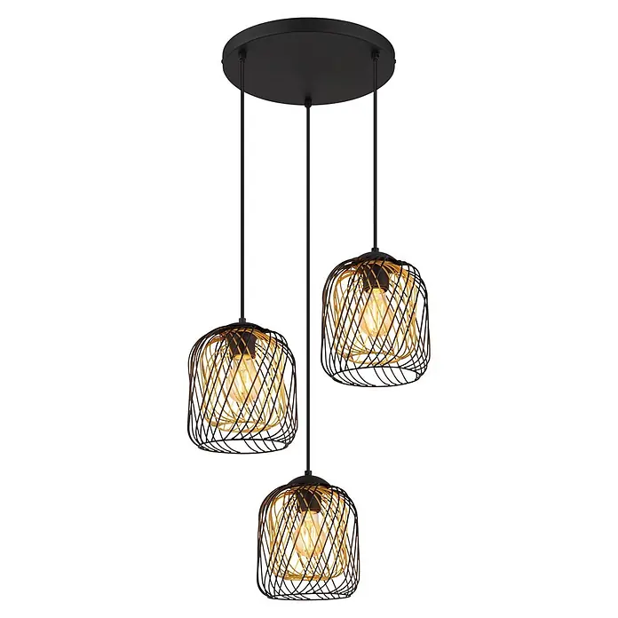 Globo Pendelleuchte Dichti - Ø x H: 394 x 1.500 mm, 40 W - Dreiflammige Pendelleuchte mit schwarzem und goldenem Drahtgeflecht und leuchtenden Glühbirnen.