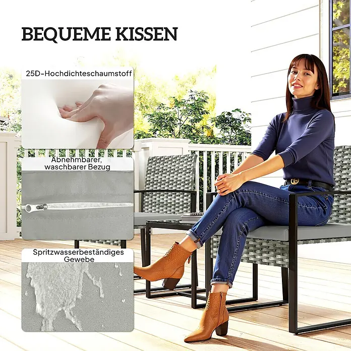 Outsunny Loungemöbel-Set - PE-Rattan, Hellgrau - Grauer geflochtener Terrassenstuhl mit spritzwassergeschützten, hochdichten Schaumstoffkissen. Eine Frau sitzt darauf im Außenbereich.