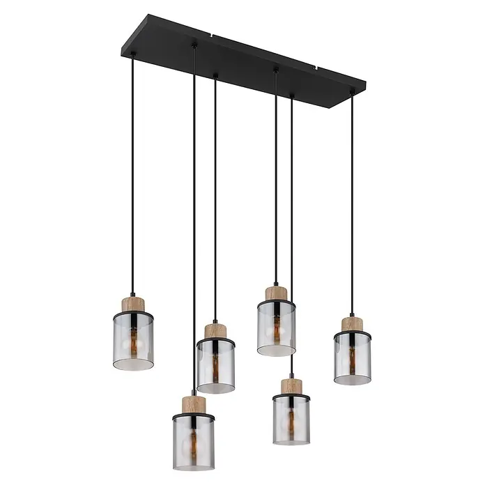 Globo Pendelleuchte Reid - 15 W, L x B x H: 62 x 18 x 120 cm, Natur, Schwarz, E27 - Sechsflammige Hängelampe mit schwarzer Rechteckstange, schwarzen Kabeln, Holzelementen und zylindrischen Rauchglas-Schirmen mit sichtbaren Glühbirnen.