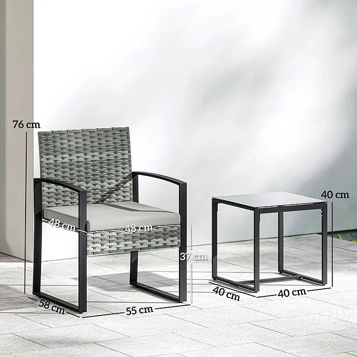 Outsunny Loungemöbel-Set - PE-Rattan, Hellgrau - Grauer Rattan-Gartenstuhl mit schwarzem Metallgestell und Beistelltisch, mit Maßen.