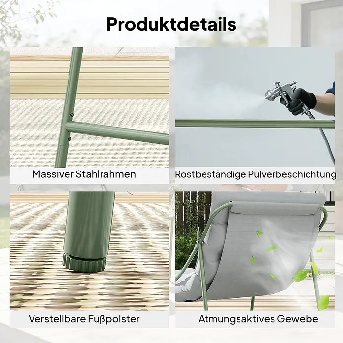 Outsunny Loungemöbel-Set - Hellgrau - Merkmale eines grünen Outdoor-Stuhls: massiver Stahlrahmen, rostbeständige Pulverbeschichtung, verstellbare Fußpolster, atmungsaktives graues Gewebe.