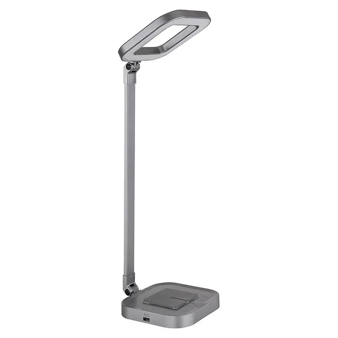 Globo LED-Tischleuchte Monaco - 8 W, L x B x H: 43 x 14,5 x 58 cm, Grau - Verstellbare LED-Schreibtischlampe in Silber/Grau mit rechteckigem Leuchtkopf, quadratischem Sockel und USB-Anschluss.