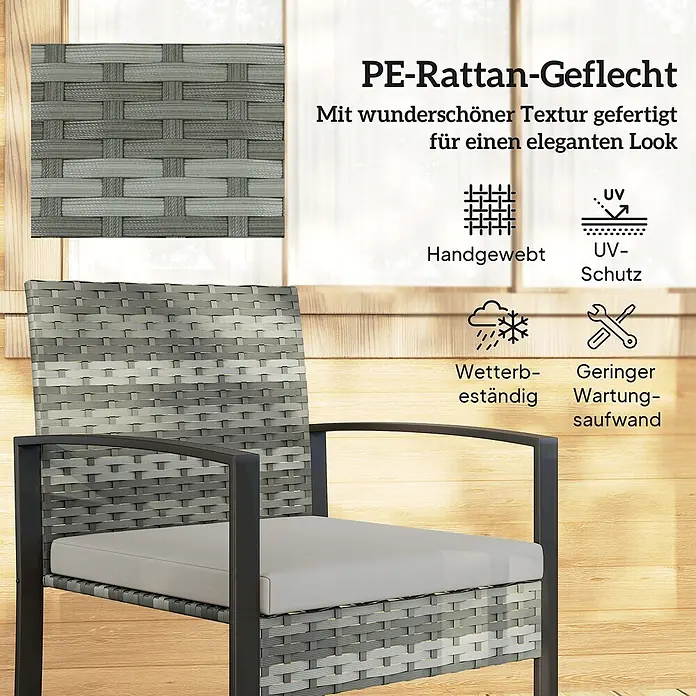 Outsunny Loungemöbel-Set - PE-Rattan, Hellgrau - Grauer PE-Rattan Gartenstuhl mit dunklem Metallrahmen und hellgrauem Kissen. Handgewebt und wetterbeständig.