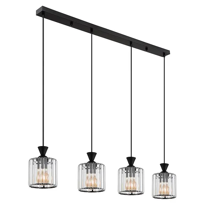 Globo Pendelleuchte Jordana - Höhe: 1.200 mm, 60 W, E27 - Vierflammige Linear-Pendelleuchte: schwarze Metallschiene, Kabel, konische Fassungen, zylindrische Schirme aus klarem Riffelglas mit warmen Glühbirnen.