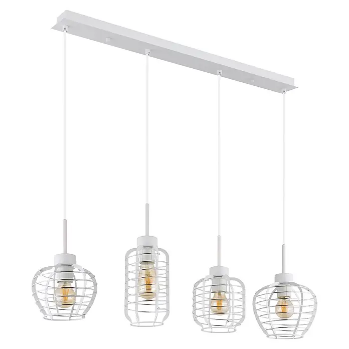 Globo Pendelleuchte Nesa - 60 W, L x B x H: 900 x 205 x 1.200 mm - Weiße lineare Pendelleuchte mit vier Lichtquellen, Metallkäfigschirmen und bernsteinfarbenen Glühbirnen.