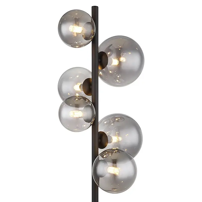 Globo Riha LED-Stehleuchte - 3,5 W, Höhe: 155 cm, Warmweiß - Moderne Stehlampe mit schwarzem Metallschaft und sechs rauchgrauen Glaskugeln, jede mit warmem LED-Licht beleuchtet.