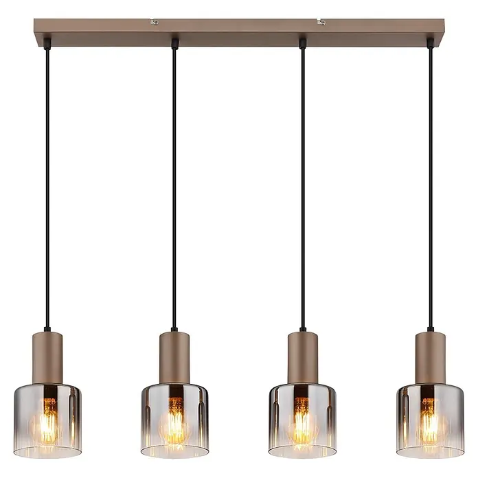 Globo Pendelleuchte Walton - 40 W, L x B x H: 780 x 120 x 1.500 mm, E27 - Vierflammige lineare Pendelleuchte mit bronzefarbenem rechteckigen Balken, schwarzen Kabeln und klaren Glasschirmen mit warmen Glühfadenlampen.