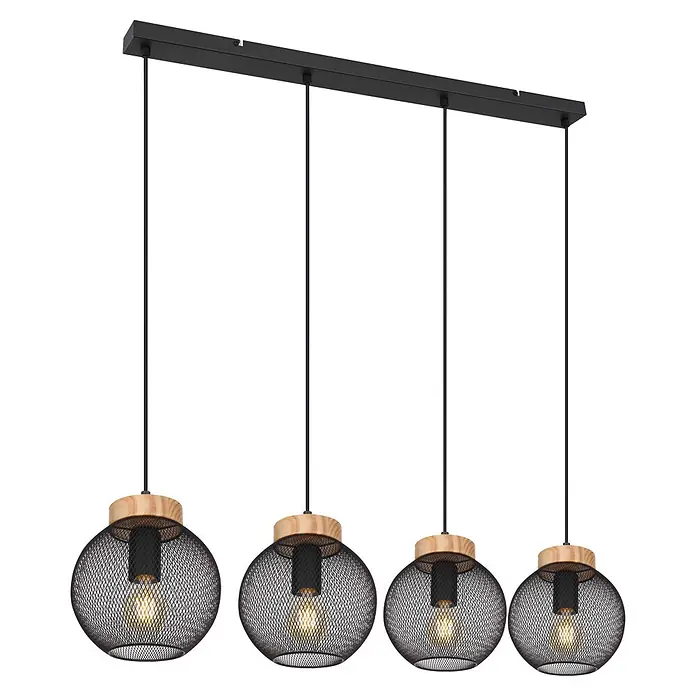 Globo Pendelleuchte Pablo - 40 W, L x B x H: 950 x 200 x 1.200 mm, E27 - Schwarze lineare Pendelleuchte mit vier hängenden Gitterkugellampen, je mit Holzdetail und leuchtender Glühbirne.