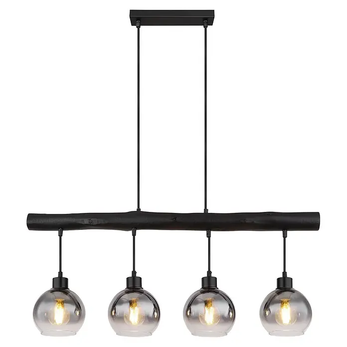 Globo Pendelleuchte Moitas - Höhe: 1.200 mm, 40 W, E27 - Schwarze Deckenleuchte aus Holzbalken mit vier Rauchglas-Kugellampen und warmen Edison-Glühbirnen.