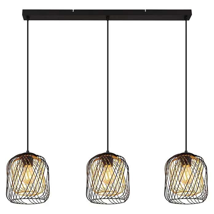 Globo Pendelleuchte Dichti - L x B x H: 840 x 180 x 1.500 mm, 40 W, E27 - Dreiflammige Pendelleuchte mit schwarzem Balken und schwarzen & goldenen Drahtkäfigschirmen, mit sichtbaren Glühbirnen.