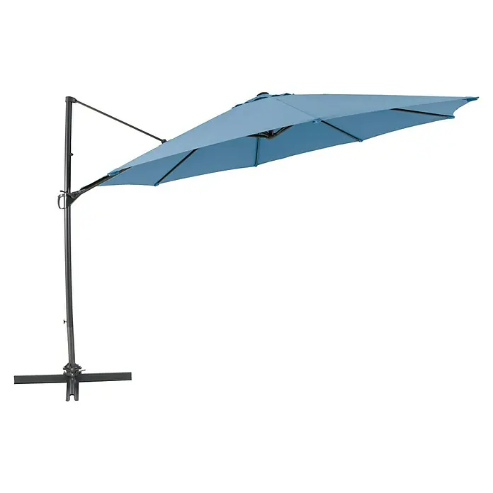 Sunfun Ampelschirm rund Florenz - Blau, Durchmesser Bespannung: 350 cm - Ein schwebender blauer Sonnenschirm mit dunklem Gestell spendet Schatten und Schutz vor der Sonne im Freien.