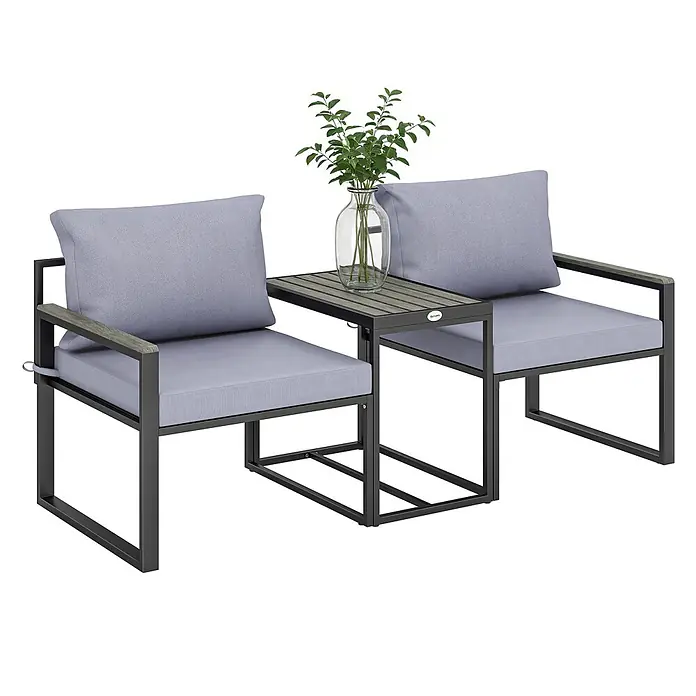 Outsunny Loungemöbel-Set - Grau - Zweisitziges Outdoor-Bistro-Set mit dunkelgrauem Metallrahmen, hellgrauen Kissen und Latten-Tischplatte in Holzoptik.