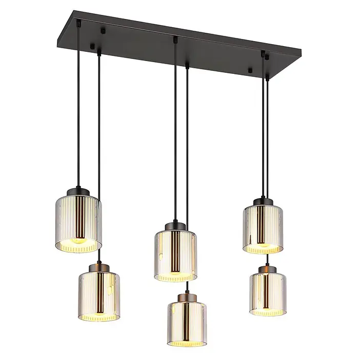 Globo Pendelleuchte Felicia - L x B x H: 830 x 300 x 1.200 mm, 60 W, E27 - Rechteckige Deckenleuchte aus dunklem Metall mit sieben gerippten Glaspendelleuchten, die warmes Licht abstrahlen.