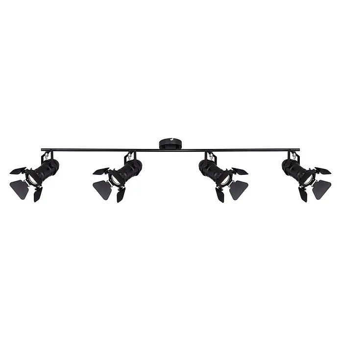 Globo Deckenstrahler Egon - 50 W, L x B x H: 1.250 x 180 x 265 mm, GU10 - Schwarze Metall-Stromschienenleuchte mit vier verstellbaren Strahlern, jeweils mit Flügelklappen, beleuchtet.