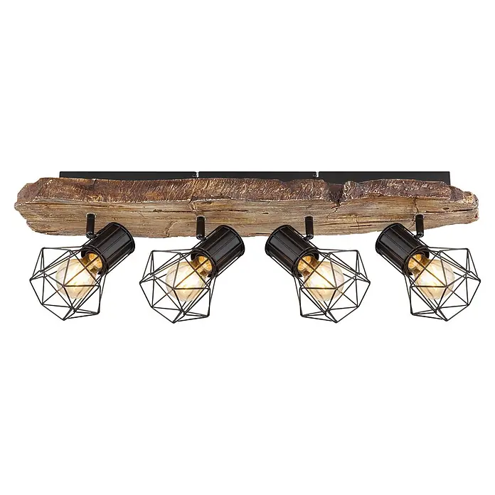 Globo Deckenstrahler Priska - 60 W, L x B x H: 780 x 150 x 240 mm, E27 - Rustikale Deckenleuchte mit Holzbalken und vier schwarzen Metallstrahlern, jeweils mit Drahtkäfig und glühender Edison-Birne.
