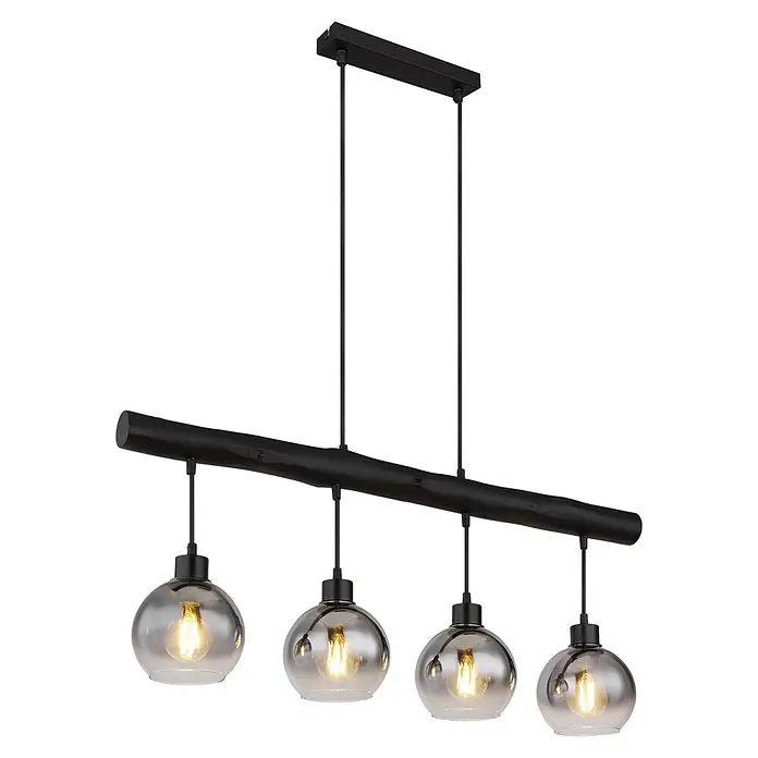 Globo Pendelleuchte Moitas - Höhe: 1.200 mm, 40 W, E27 - Schwarze lineare Deckenleuchte mit strukturierter Stange, vier Rauchglas-Kugelschirme mit warmen Filamentbirnen.