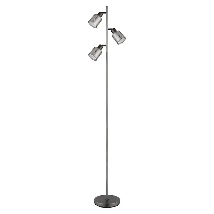 Globo Stehleuchte Villegas - 25 W, Höhe: 1.610 mm, E14 - Hohe, dunkle Stehlampe aus Metall mit drei verstellbaren Strahlern und gerippten Glasschirmen.