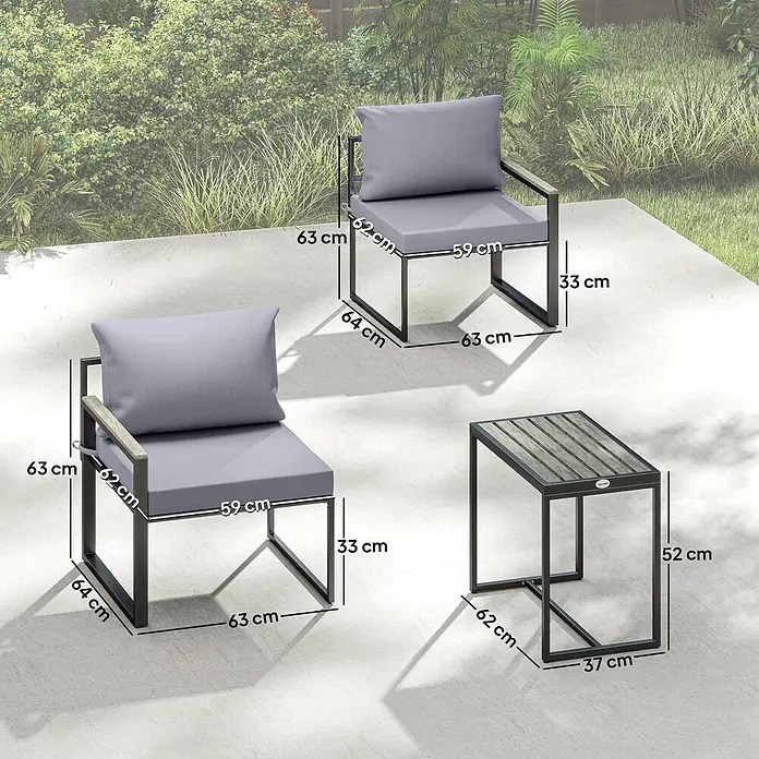 Outsunny Loungemöbel-Set - Grau - Sitzgruppe für draußen mit zwei Stühlen und einem Beistelltisch, schwarzen Rahmen, grauen Kissen, Holzdetails, Maße sind angezeigt.