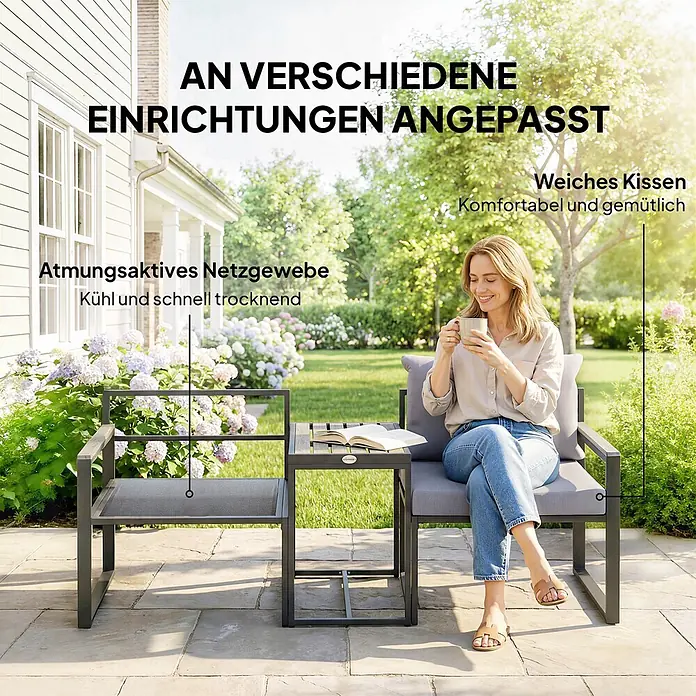Outsunny Loungemöbel-Set - Grau - Dunkelgraues Metall-Outdoor-Lounge-Set mit gepolstertem Stuhl, Netzbank und Beistelltisch im Garten.