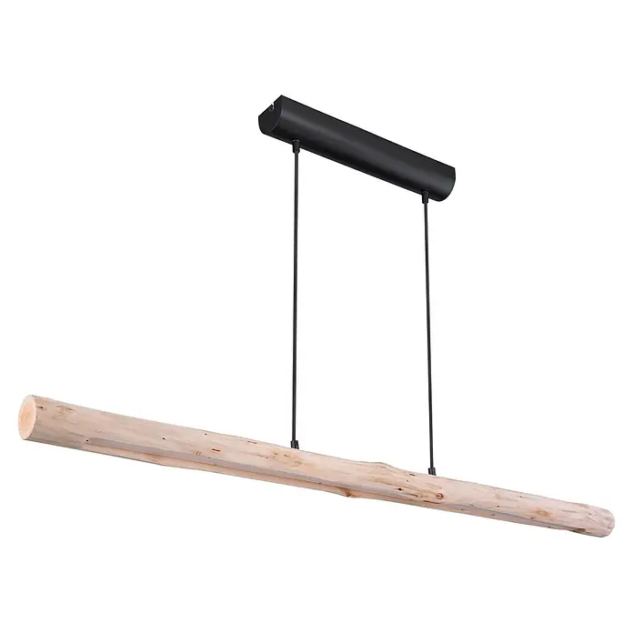 Globo LED-Pendelleuchte Tulivar - 25 W, L x B x H: 1.200 x 80 x 1.500 mm - Hängelampe mit schwarzem zylindrischem Baldachin und zwei Kabeln, die einen natürlichen Holzstamm mit integriertem Lichtband halten.