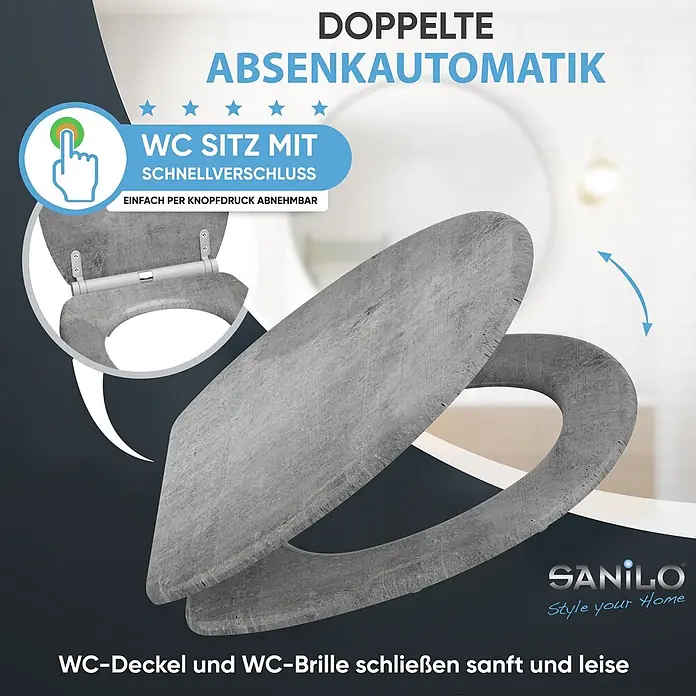 SANILO WC-Sitz Beton mit Schnellverschluss - MDF, Grau, Mit Absenkautomatik - Grauer WC-Sitz in Betonoptik mit doppelter Absenkautomatik und Schnellverschluss. Zeigt sanftes Schließen.