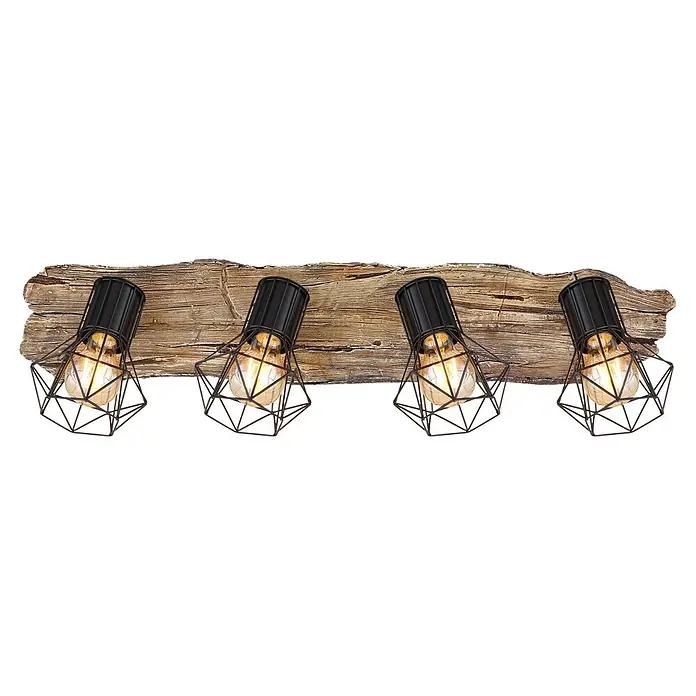 Globo Deckenstrahler Priska - 60 W, L x B x H: 780 x 150 x 240 mm, E27 - Rustikale Deckenleuchte aus Holz mit vier schwarzen Metallkäfig-Schirmen und beleuchteten Glühbirnen.