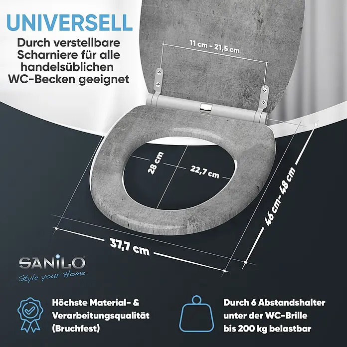 SANILO WC-Sitz Beton mit Schnellverschluss - MDF, Grau, Mit Absenkautomatik - Universeller WC-Sitz in Betonoptik mit verstellbaren Scharnieren und Maßen.