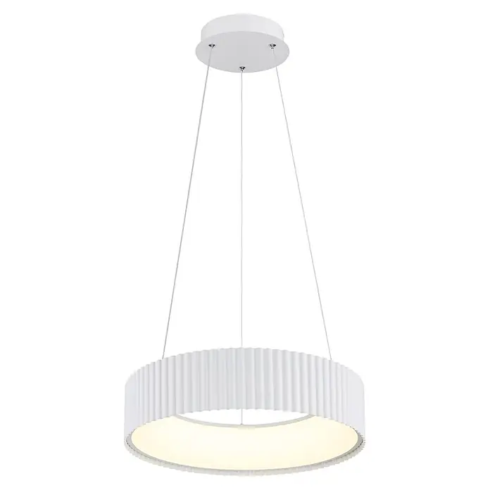 Globo LED-Pendelleuchte rund Kemp - 45 W, Ø x H: 460 x 1.200 mm, Warmweiß - Weiße, runde Pendelleuchte mit geriffeltem Schirm, von der Decke hängend und warmes Licht spendend.