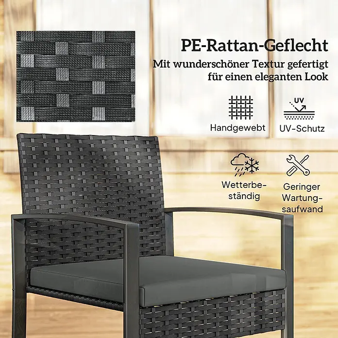 Outsunny Loungemöbel-Set - PE-Rattan, Dunkelgrau - Schwarzer PE-Rattansessel mit dunklem Kissen und Metallrahmen, handgewebt, wetterfest und UV-geschützt.