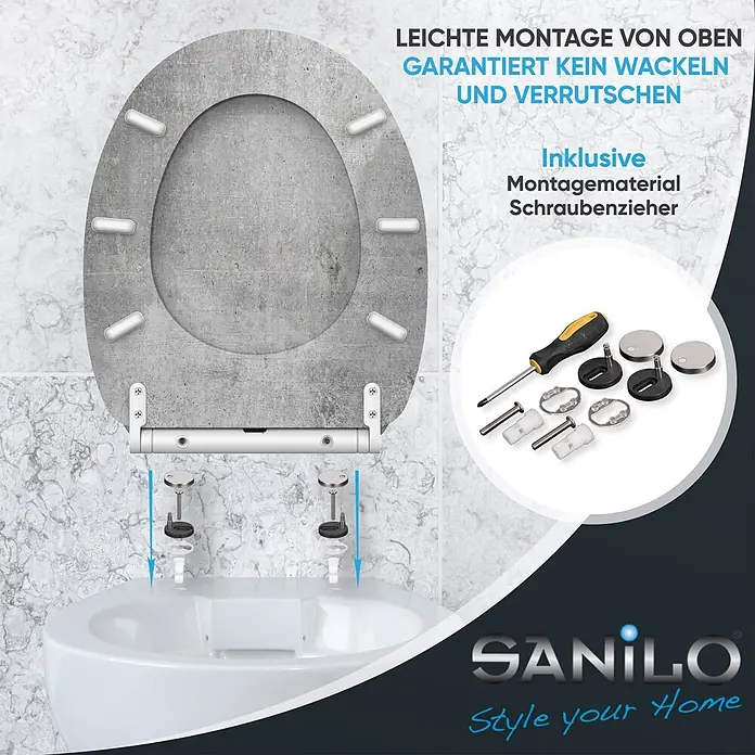 SANILO WC-Sitz Beton mit Schnellverschluss - MDF, Grau, Mit Absenkautomatik - Grauer Toilettensitz in Betonoptik, von oben auf eine weiße Toilette montiert, mit Montagematerial und Schraubenzieher.