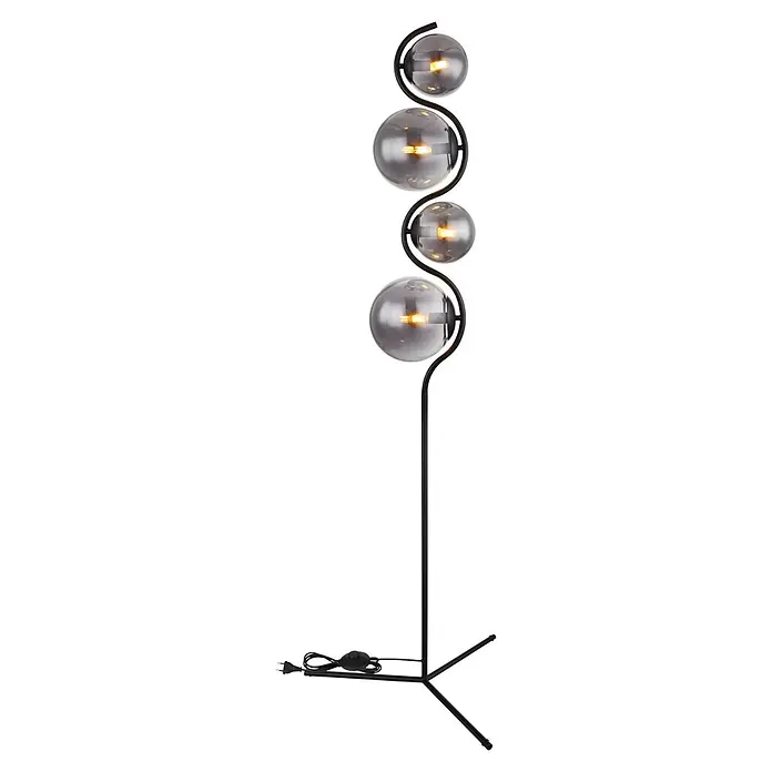 Globo Stehleuchte Porry - 25 W, Höhe: 160 cm, Schwarz, Rauchfarben, E14 - Schwarze Stehlampe aus Metall mit gewelltem Ständer und vier beleuchteten Rauchglaskugeln, mit Fußschalter und Dreibeinfuß.