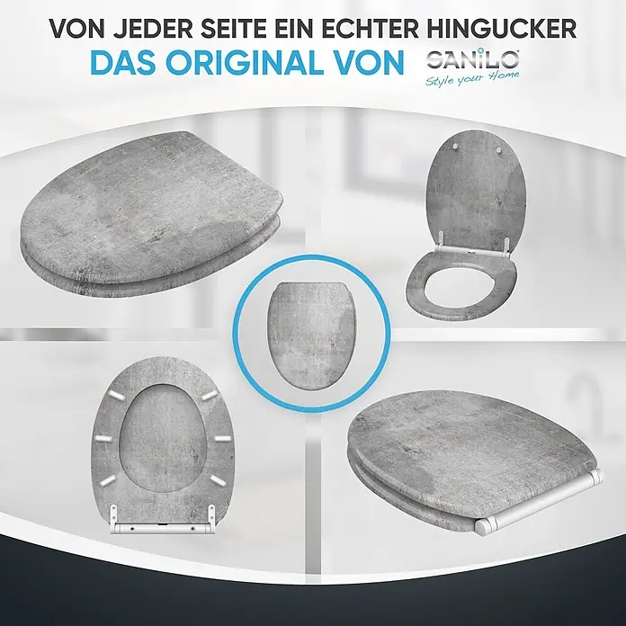 SANILO WC-Sitz Beton mit Schnellverschluss - MDF, Grau, Mit Absenkautomatik - Sanilo Toilettensitz in Betonoptik, grau, aus verschiedenen Blickwinkeln dargestellt.