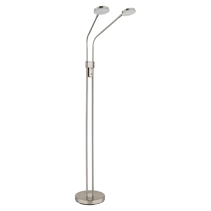 Globo LED-Deckenfluter Silvio - 6,5 W, Höhe: 1.720 mm - Stehleuchte aus gebürstetem Nickel mit zwei verstellbaren LED-Köpfen und rundem Fuß.