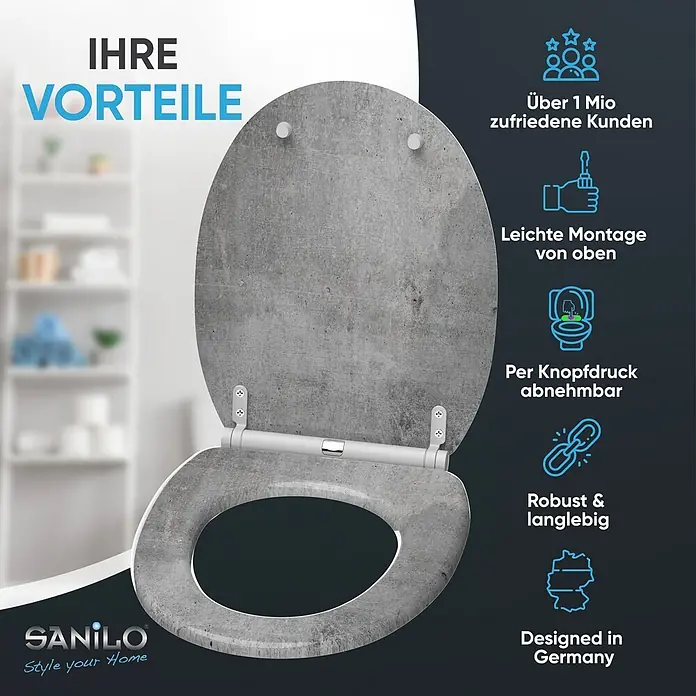 SANILO WC-Sitz Beton mit Schnellverschluss - MDF, Grau, Mit Absenkautomatik - Grauer Toilettensitz in Betonoptik, aufklappbar. Einfach von oben montierbar und per Knopfdruck abnehmbar.