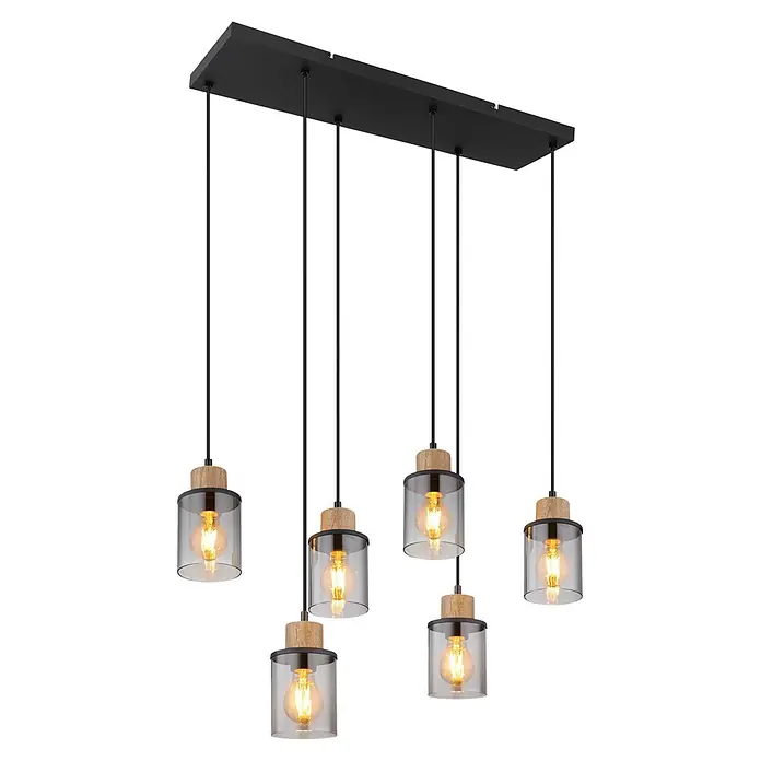 Globo Pendelleuchte Reid - 15 W, L x B x H: 62 x 18 x 120 cm, Natur, Schwarz, E27 - Mehrflammige Pendelleuchte mit schwarzer Rechteckbasis, Holzakzenten und sechs klaren Glasschirmen mit Filamentlampen.