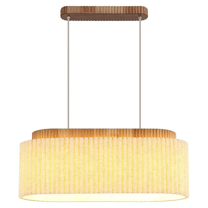 Globo Pendelleuchte Jannie - L x B x H: 700 x 300 x 1.500 mm, E27, Max. Systemleistung: 40 W - Ovale Pendelleuchte mit dunklem geriffeltem Holzbaldachin und beleuchtetem hellen Stoffschirm.