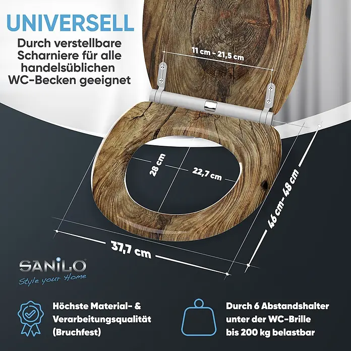 SANILO WC-Sitz Rustikal mit Schnellverschluss - MDF, Braun, Mit Absenkautomatik - WC-Sitz in Holzoptik mit verstellbaren Scharnieren, universell passend und bis 200 kg belastbar.
