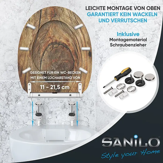 SANILO WC-Sitz Rustikal mit Schnellverschluss - MDF, Braun, Mit Absenkautomatik - WC-Sitz in Holzoptik mit einfacher Top-Montage, passend für 11-21,5cm Lochabstand. Inklusive Montagematerial und Schraubenzieher.