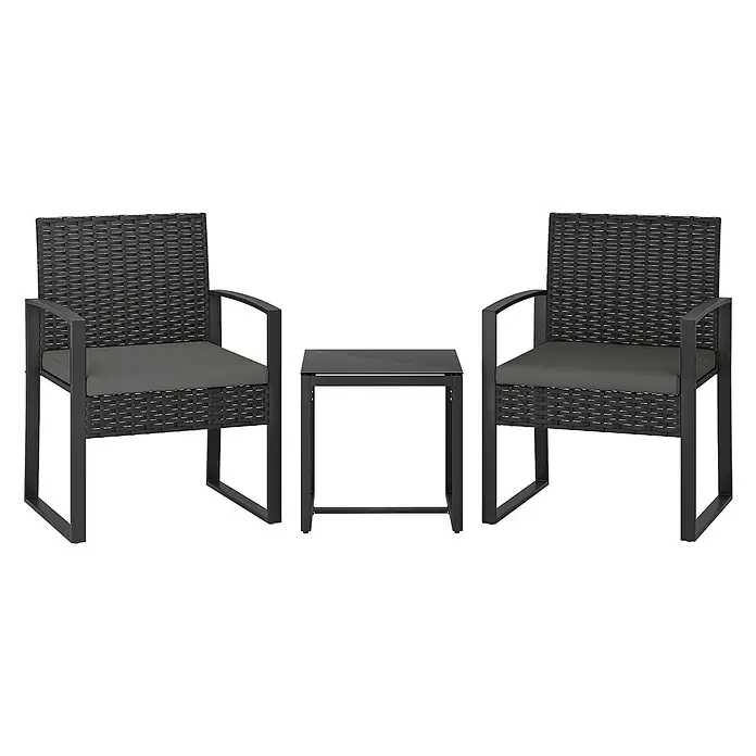 Outsunny Loungemöbel-Set - PE-Rattan, Dunkelgrau - Gartenmöbel-Set mit zwei schwarzen Rattan-Stühlen mit dunkelgrauen Kissen und einem passenden schwarzen Beistelltisch.