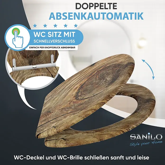 SANILO WC-Sitz Rustikal mit Schnellverschluss - MDF, Braun, Mit Absenkautomatik - WC-Sitz in dunkler Holzoptik mit doppelter Absenkautomatik und Schnellverschluss zum einfachen Abnehmen.