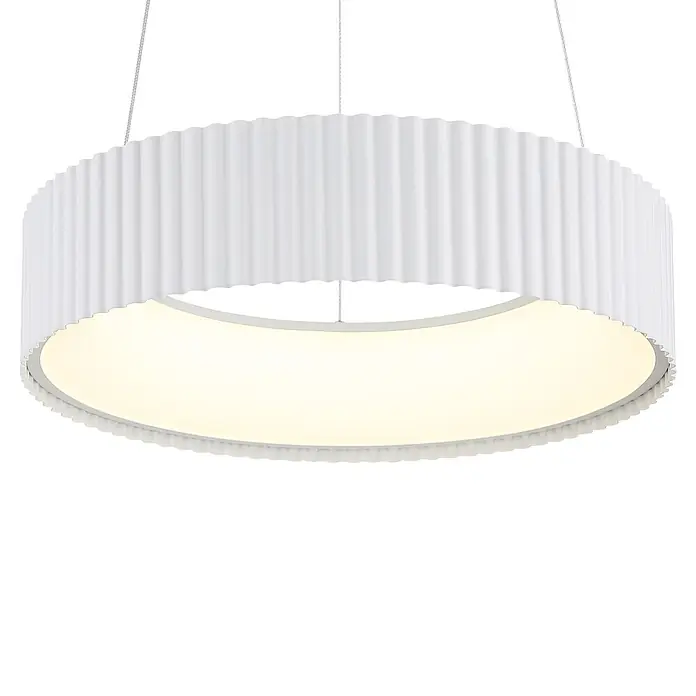 Globo LED-Pendelleuchte rund Kemp - 45 W, Ø x H: 460 x 1.200 mm, Warmweiß - Weiße, runde Pendelleuchte mit plissiertem Schirm und warmer Beleuchtung.