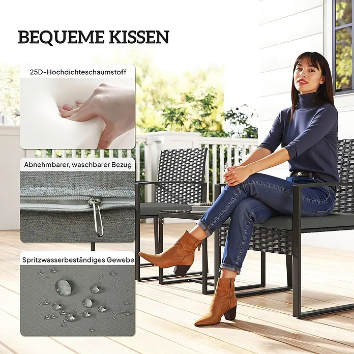 Outsunny Loungemöbel-Set - PE-Rattan, Dunkelgrau - Frau auf grauem Outdoor-Stuhl. Detailausschnitte zeigen hochdichtes Schaumstoffkissen, abnehmbaren Bezug und spritzwasserbeständiges Gewebe.