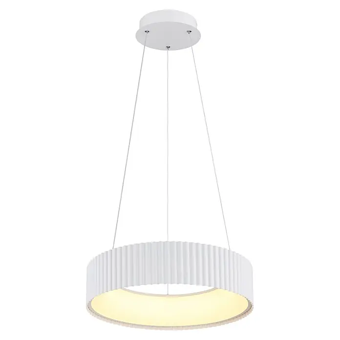 Globo LED-Pendelleuchte rund Kemp - 45 W, Ø x H: 460 x 1.200 mm, Warmweiß - Weiße runde Hängeleuchte mit gerippter Seite, die warmes Licht abstrahlt, an dünnen Drähten aufgehängt.