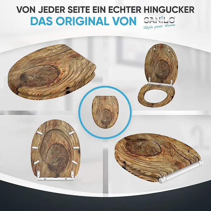 SANILO WC-Sitz Rustikal mit Schnellverschluss - MDF, Braun, Mit Absenkautomatik - Toilettensitz mit rustikaler Holzmaserung, aus verschiedenen Perspektiven gezeigt.