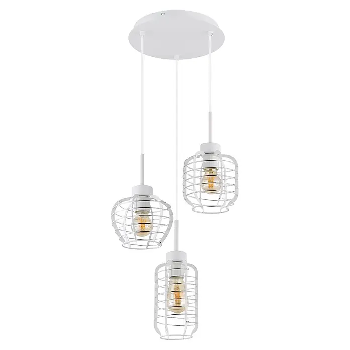 Globo Pendelleuchte Nesa - 60 W, Ø x H: 375 x 1.200 mm - Weiße dreifache Pendelleuchte mit Käfigschirmen im Industriestil und warmen LED-Edison-Glühbirnen.