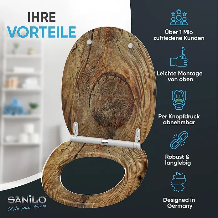 SANILO WC-Sitz Rustikal mit Schnellverschluss - MDF, Braun, Mit Absenkautomatik - Toilettensitz in rustikaler Holzoptik mit natürlicher Maserung und Scharnieren, daneben eine Liste mit Produktvorteilen.