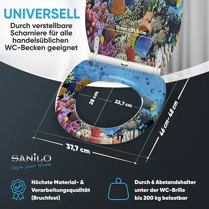 SANILO WC-Sitz Ocean mit Schnellverschluss - MDF, Blau, Mit Absenkautomatik - WC-Sitz mit lebendigem Unterwasser-Riff-Design, bunten Fischen. Universell passend, verstellbare Scharniere und robust, bis 200 kg belastbar.